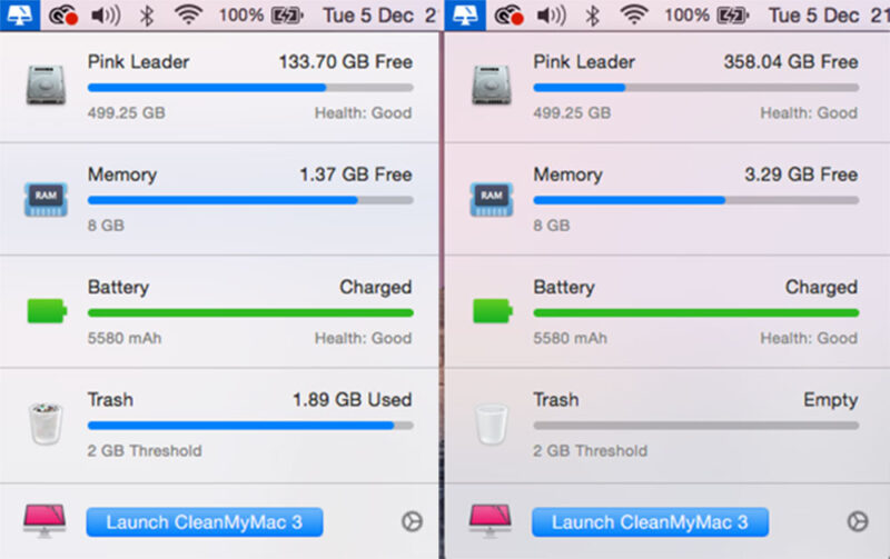 Screengrabs of genuine before and after status reports of our MacBook Pro's memory health with Clean My Mac